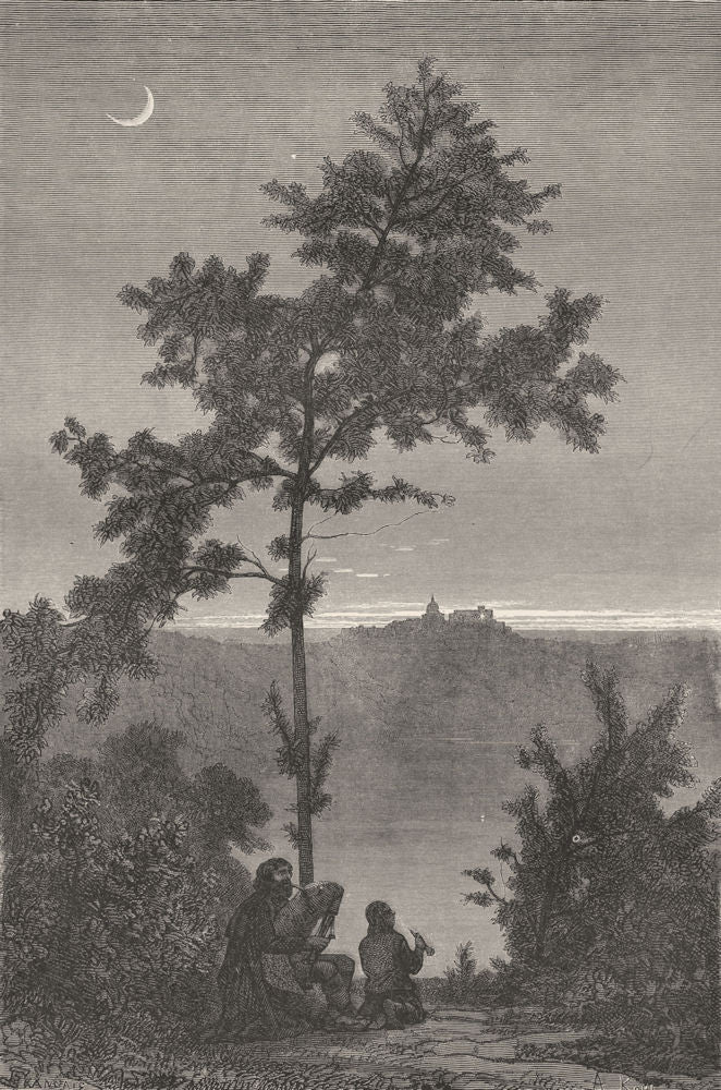 ROME. Lake of Albano & Pontifical Villa(Evening) 1872 old antique print